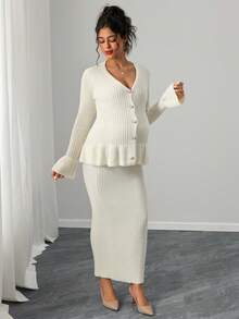 Momance 孕妇优雅纯色开衫针织半裙套装，秋冬款