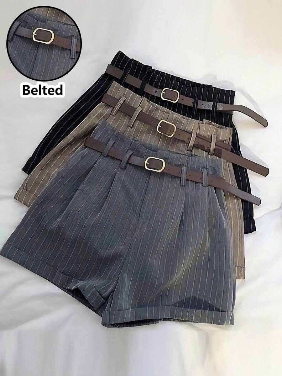 Franclia Everyday Versatile Casual Chic Commuter Belted Gray Vertical Striped Women's Shorts Wide-Leg Trousers For Spring And Autumn, Women's Casual Shorts, Simple Basic Casual Commuter Shorts, Women's Formal Trousers Shorts, Women's Shorts. - Grey - View 1