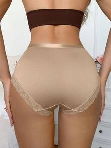 SHEIN 1pc Women Contrast Lace Bow Decor Hollow Out Solid Color Panties - Khaki - View 2