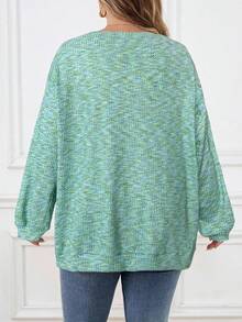 SHEIN CURVE+ 大码女式彩色华夫格针织套头卫衣，秋冬季 - 綠色 - 查看 2