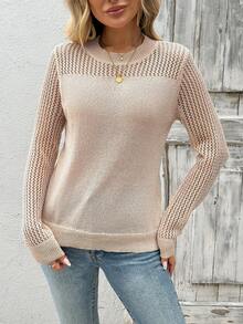 EMERY ROSE New Autumn Casual Loose Hollow Out Mesh Layered Fashionable Knit Blouse For Women Fall Sweater - Apricot - View 3