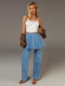 Athîral Women's Pocket Wide Leg Loose Casual Jeans And Denim Skirt Set, Casual Vintage Streetwear Blue Pants