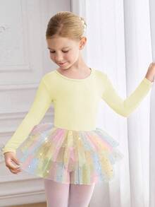 Mädchen Langarm Farbverlauf Tüll Ballettkleid, Kinder Farbverlauf Mesh Tutu Leotard Tanzkleidung