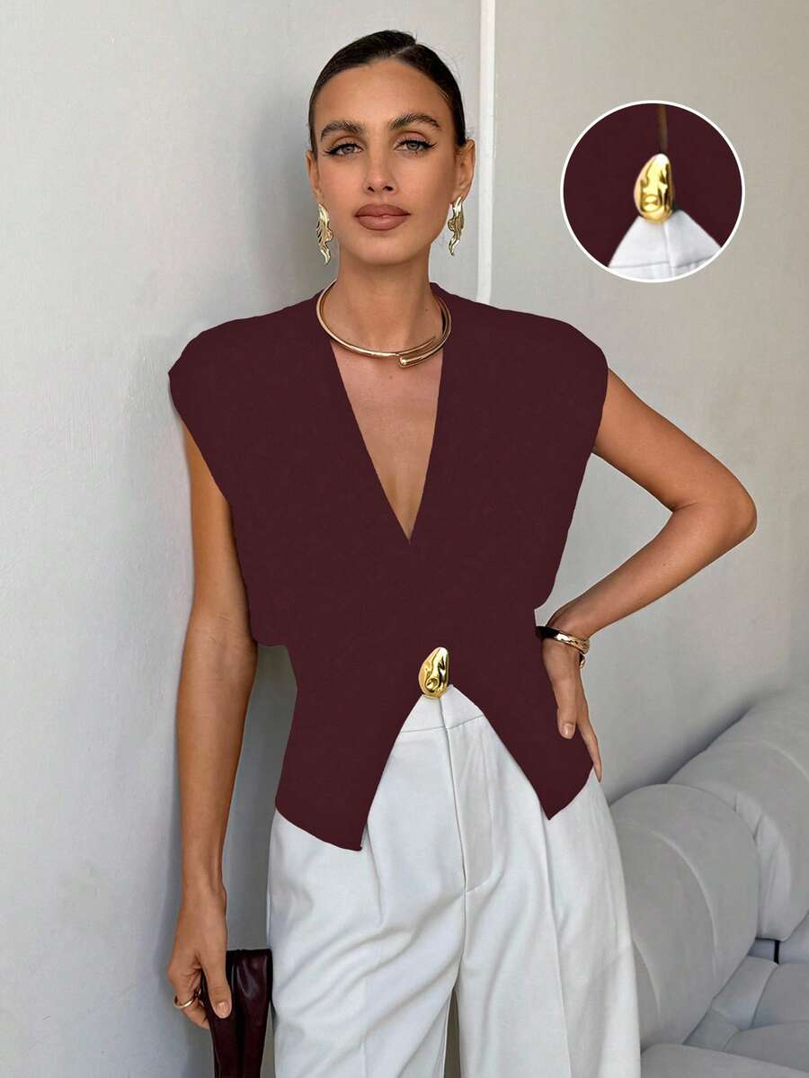 Lavishia Loose Waist Knit Vest With Metal Buttons, Commuting Fashion Business Office Wear For Women - Burgundy - View 1