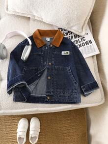 Genkimix Kids 男童牛仔拼接灯芯绒宽松短款夹克 - 藍色 - 查看 1