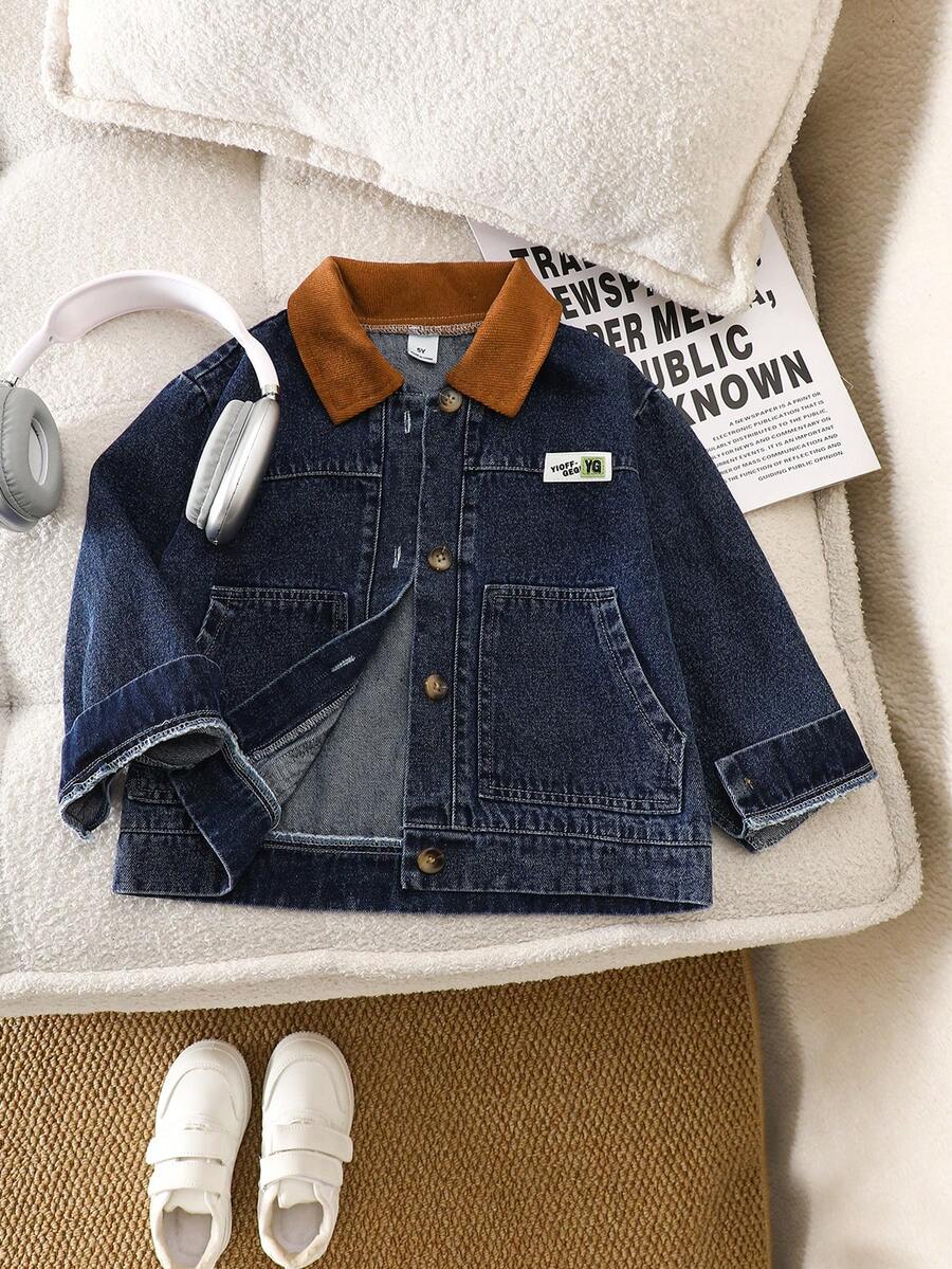 Genkimix Kids 男童牛仔拼接灯芯绒宽松短款夹克 - 藍色 - 查看 1