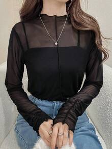 FRIFUL 女士休闲修身网纱透视叠穿上衣，高领长袖，袖口饰有褶皱，秋季百搭单品 - 黑色 - 查看 6