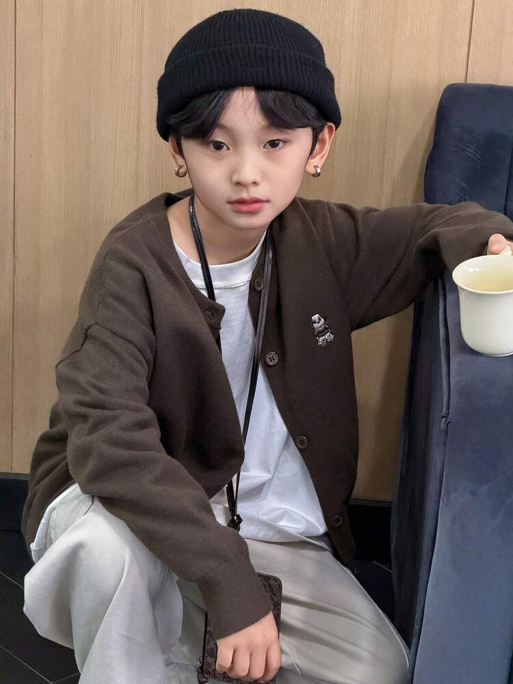 Tween Boy Solid Color Drop Shoulder Long Sleeve Button-Front Knit Sweater