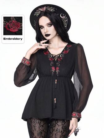 Top ajusté pour femmes en mousseline de soie noire à manches bouffantes, col en V profond avec nœud, motif de broderie gothique rétro rose, motif de peau de serpent, étoile et lune
