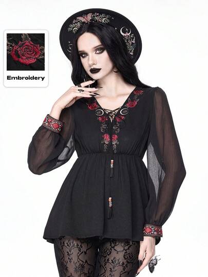 Goth Blusa ajustada de mujer con mangas abullonadas, cuello en V profundo, cordones y estampado bordado de rosa, piel de serpiente, estrella y luna en estilo gótico retro