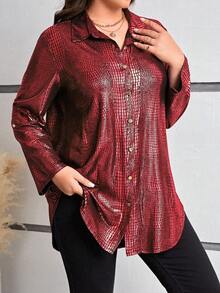SHEIN Clasi Chemise mode ample à manches retroussées et boutonnage simple, texture simili-crocodile, tailles grandes pour femmes - Rouge - Voir 4