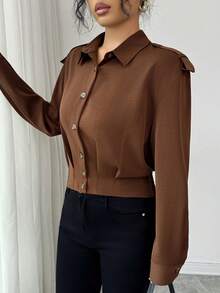 Elenzga Chaqueta utilitaria de manga larga con cuello de camisa, botones decorativos, dobladillo plisado y tirantes, color marrón chocolate, estilo retro francés elegante, minimalista y versátil, adecuada para otoño/invierno, Halloween, Navidad, Acción de Gracias, té de la tarde, reuniones familiares - Marrón Chocolate - Ver 1