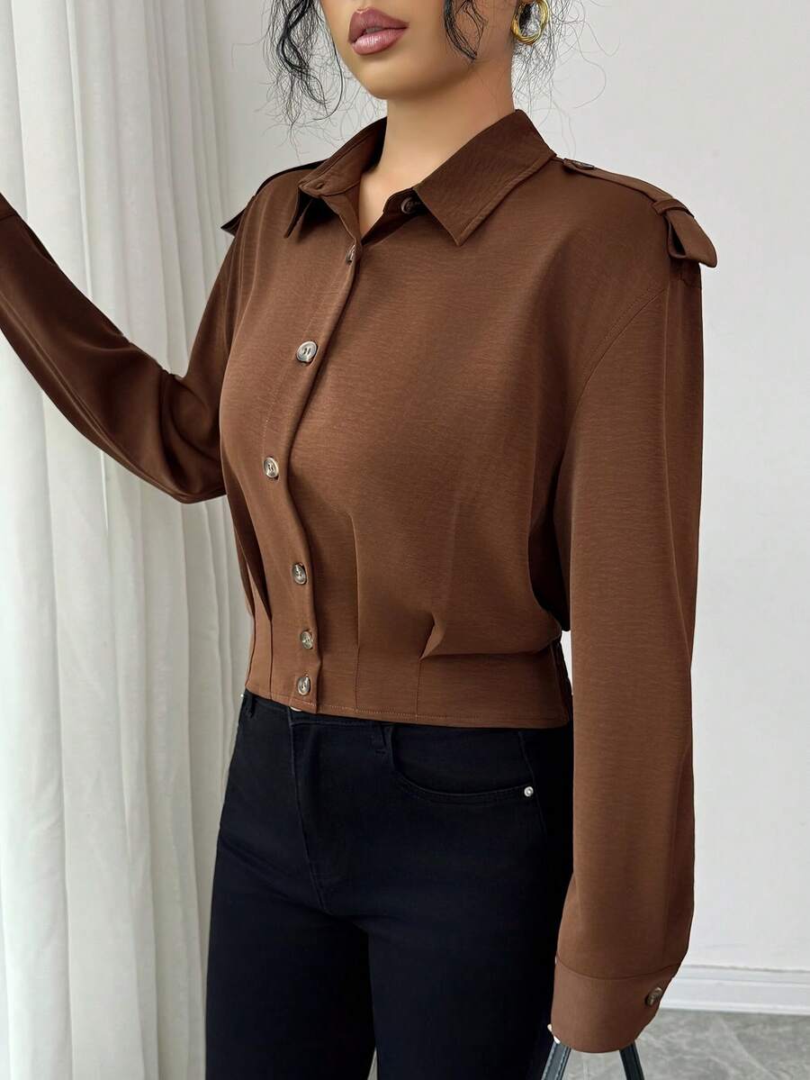 Elenzga Chaqueta utilitaria de manga larga con cuello de camisa, botones decorativos, dobladillo plisado y tirantes, color marrón chocolate, estilo retro francés elegante, minimalista y versátil, adecuada para otoño/invierno, Halloween, Navidad, Acción de Gracias, té de la tarde, reuniones familiares - Marrón Chocolate - Ver 1
