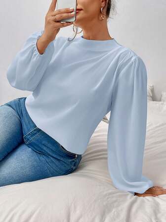 SHEIN Privé 大码女士优雅通勤办公百搭立领褶皱肩长袖衬衫，秋冬款