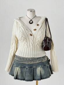 Sunspun Áo len cổ chữ V cài nút, dáng ôm, dệt kim cáp màu trơn, thu/đông - Màu be - Xem 5