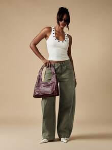 MISSGUIDED Pantalones vaqueros de cintura alta, pierna ancha y corte barrel con lavado vintage, ajuste relajado y diseño utilitario para uso casual diario - Verde militar - Ver 5