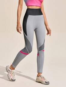 Exploreva Contrast Color Patchwork High Waist Seamless Sports Leggings - Grey - View 3