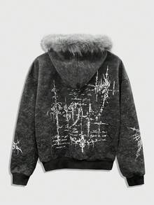 ROMWE MEN 男士休闲复古印花抓绒连帽衫，秋冬款 - 彩色 - 查看 2