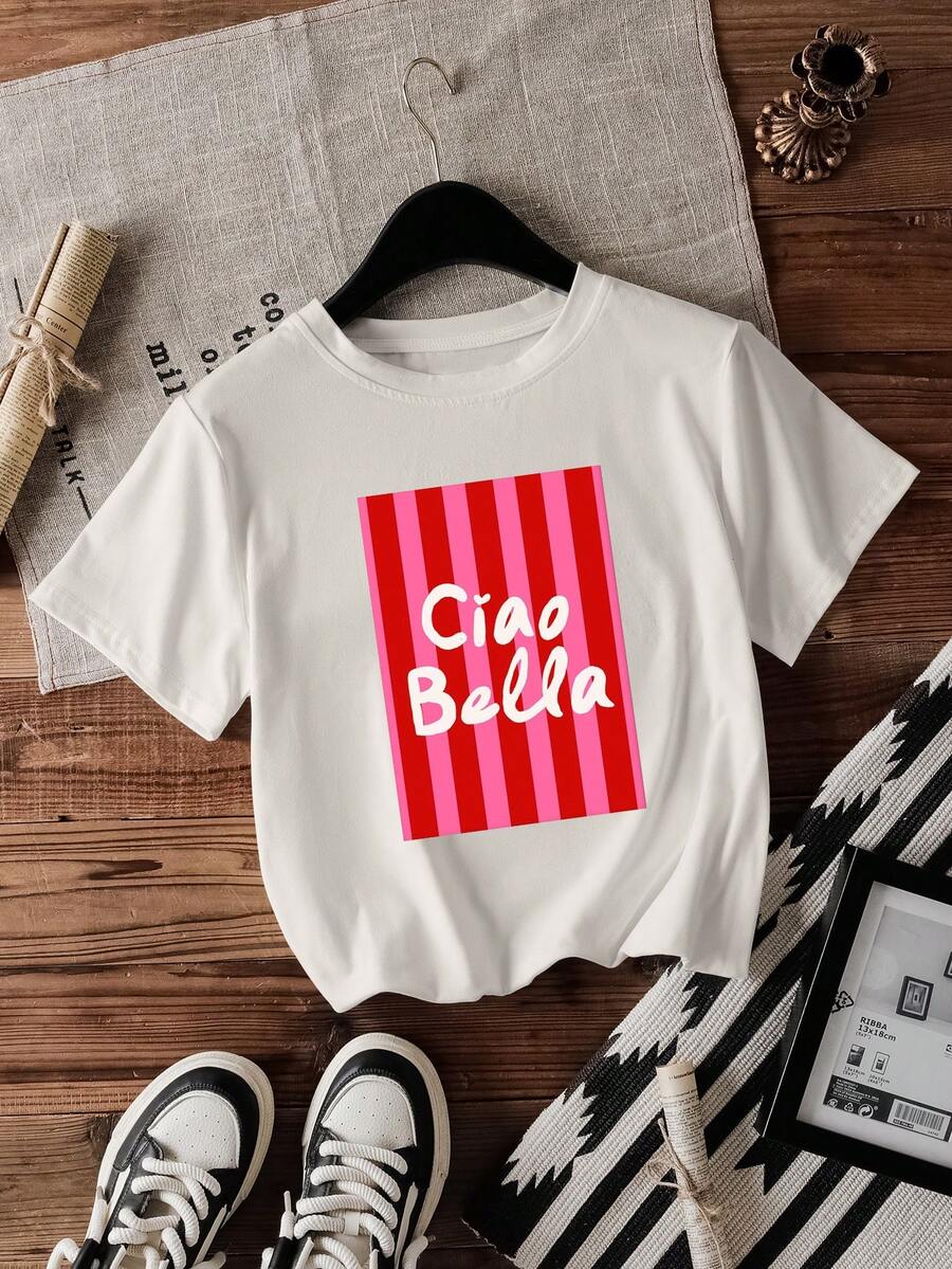 INAWLY Women's Casual Neon Pink Striped Slogan "CIAO BELLA" T-Shirt - White - View 1