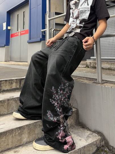 ROMWE MEN Street Life Jeans rectos holgados con bordado floral lavado vintage para niños adolescentes
