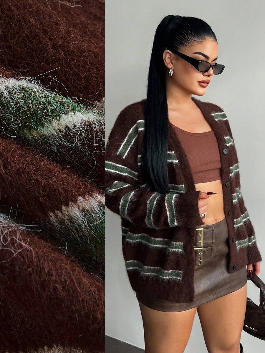 SHEIN SXY New Autumn/Winter American Sweet Casual Loose Streetwear Personalized Women Cardigan Sweater - Coffee Brown - View 1