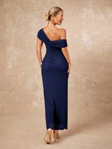 Lumalex 2025 New Summer Beach Vacation Easter Bohemian Style Beach Outdoor Wedding Season Party Adult Ceremony Back To School Party Elegant Angola Red Mesh One Shoulder Ruched Decor Fitted Bodycon Women Long Dress - Navy Blue - View 2