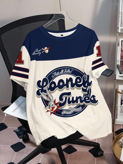 LOONEY TUNES X SHEIN 大码休闲撞色字母图案圆领短袖T恤，夏季