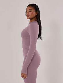 Musera Sport Stitched Seam Detail Cropped Long Sleeve Full Zip Top Jacket,Padel, Tennis, Pickleball Gym Fitness Fall Winter - Purple - View 2