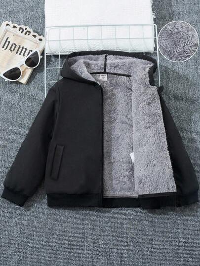 SHEIN Kids Boys Casual Thick Thermal Lined Oversized Hooded Jacket, Suitable For School, Vacation, Travel, Sports In Autumn/Winter