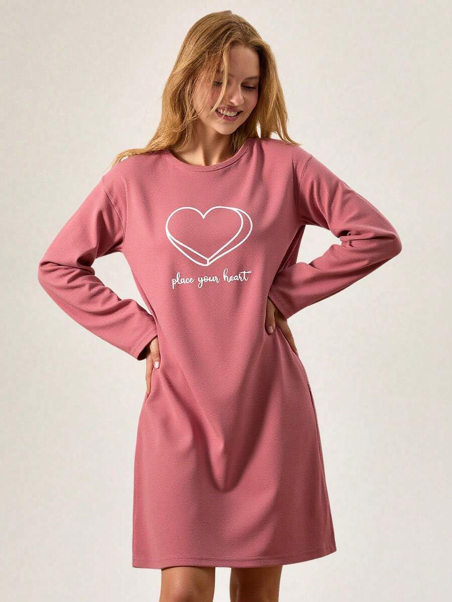 Women Cotton Round Neck With Heart&Lettered Long Sleeve Homewear Pajama Dress Women Pajama Dress Long Sleeve Nightgown Sleep Wear Women Dress Loungewear Dress Women Lounge Wear Sets