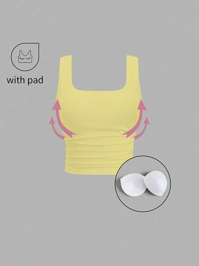 FavEase 纯色褶皱加垫时尚方领休闲修身背心