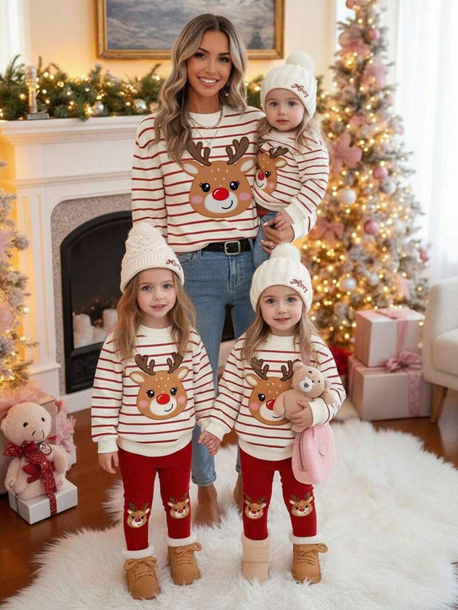 SHEIN LUNE 休闲简约杏色底红色条纹圣诞可爱驯鹿印花圆领宽松女式运动衫，适合秋冬季、圣诞节、派对、圣诞驯鹿、圣诞聚会、圣诞派对、家庭聚会、家庭搭配、情侣 - 彩色 - 查看 1