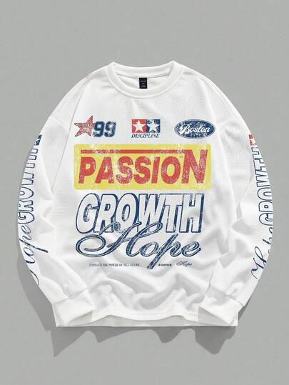 Street Life بلوزة رجالية بطباعة حرف وخماسي النجوم بياقة طاقم وأكمام طويلة بنسيج مبرد