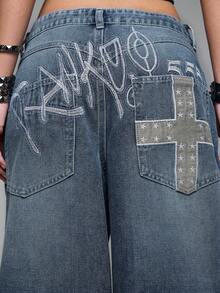 ROMWE Grunge Punk Y2K 别致字母与十字刺绣做旧宽松低腰阔腿女式牛仔裤