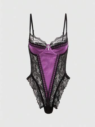 Gothic Cross Decor Velvet & Contrast Lace Underwire Bodysuit