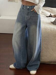 DAZY 女式高腰口袋阔腿宽松休闲牛仔裤 - 藍色 - 查看 3