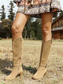 Styleloop Bottes hautes à la mode pour femmes, design à bout carré et talon épais, couleur chocolat unicolore, fermeture éclair latérale avec décoration de multi-sangles, polyvalentes pour jupes, jeans, manteaux, convient pour l'automne/l'hiver, Halloween, fête de Noël, bottes longues pour femmes