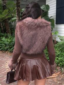 Durrani Popal Chân váy ngắn xếp ly bằng da PU thiết kế khóa trơn màu dành cho nữ - Cà phê nâu - Xem 2