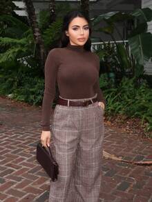 Durrani Popal Body ajustado de mujer con cuello alto y mangas raglán de unicolor - Café integral - Ver 6