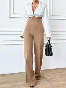 EURMUSE 大码女式休闲纯色高腰直筒裤 - 米色 - 查看 5