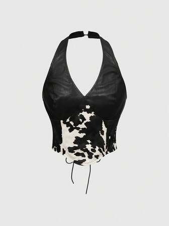 Grunge Punk Débardeur vintage pour femmes à col ras-du-cou en patchwork imprimé animal de style western en PU