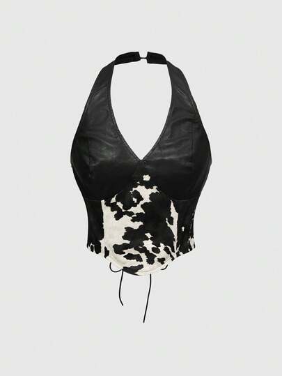 Grunge Punk Top canotta da donna con scollo a V, in stile vintage, con stampa animale patchwork in PU