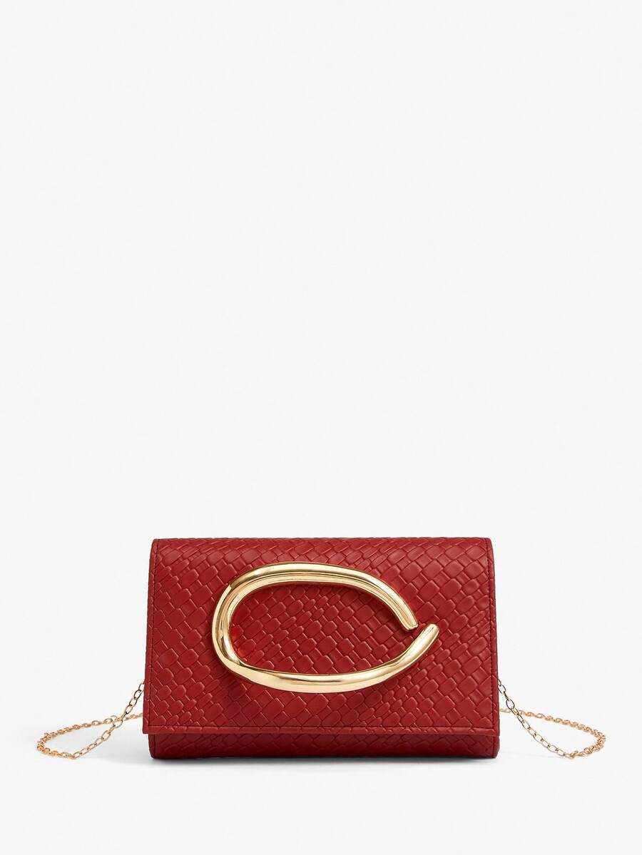 SHEIN SXY Ladies, Women Clutchs, Crossbody Bags, Fashionable, Elegant, Simple, Personalized, Versatile, Classic, Woven Embossed Pu, Large Hardware Buckle Decoration, For Commute, Office, Date, Daily, Shopping, Afternoon Tea - Crimson - View 1