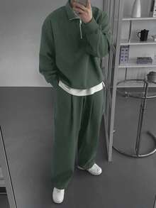 DAZY 男士纯色橄榄绿抓绒运动套装，秋冬季 - 軍綠色 - 查看 2