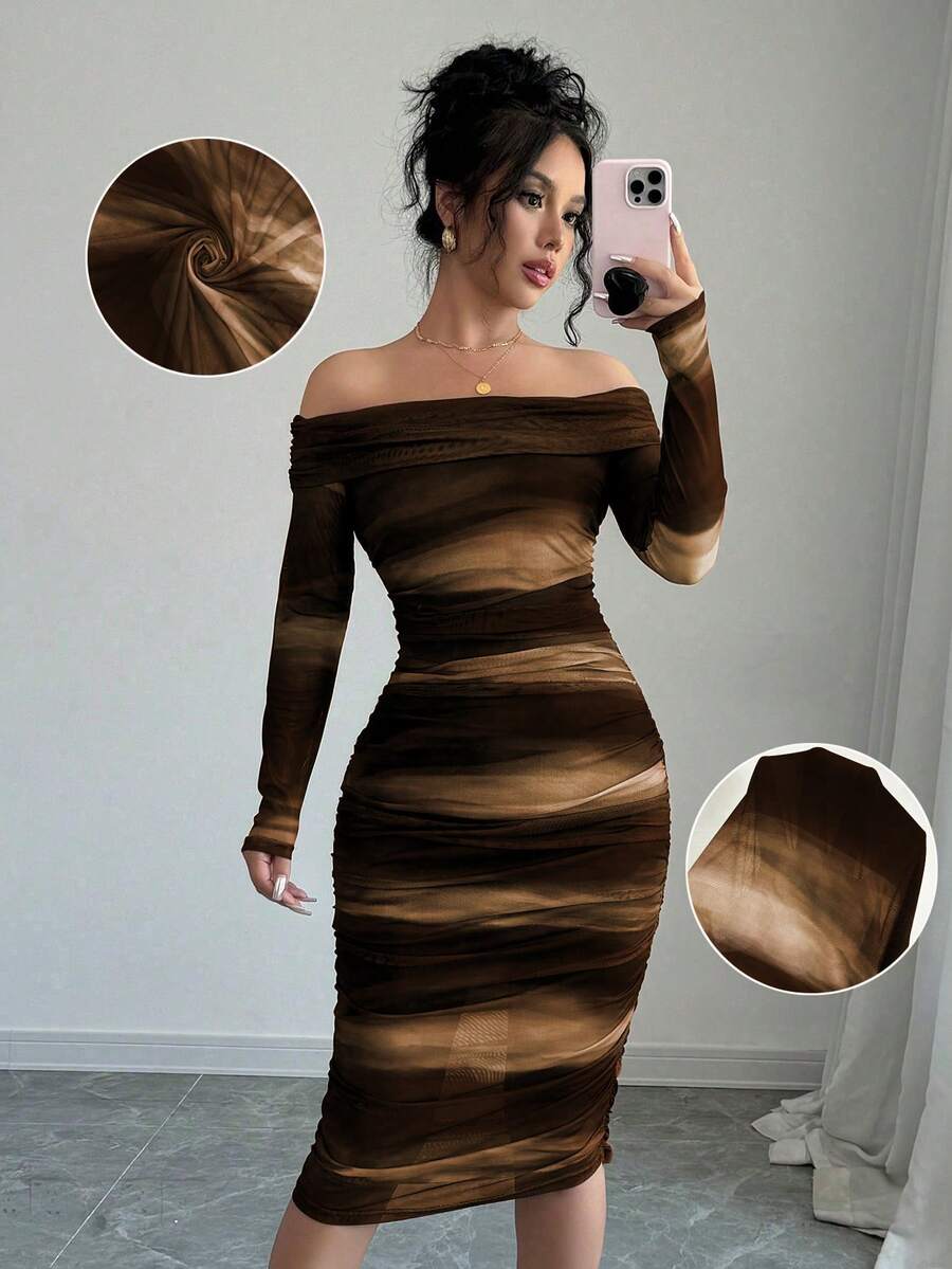 Selianne 优雅不对称肩部修身双层高弹针织网眼多色扎染印花连衣裙，女士秋冬款 - 彩色 - 查看 1