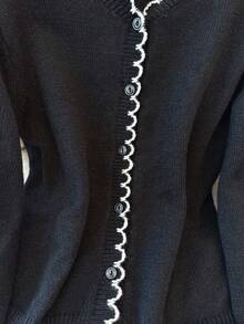 SHEIN Franclia French Romantic Contrast Color Ruffle Trim Cardigan, Commuter Style - Black - View 6