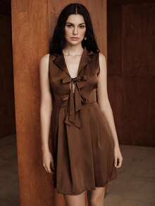 Uhlyne Women's Spring/Summer/Autumn/Winter New Elegant Luxury Suit Dress For Banquets, Girlfriends' Gatherings, Partys, And New Year's Eve - Sleeveless Lace-Up Bow Dress With Pleated Waist And A-Line Satin Flow - Mocha Brown - View 3