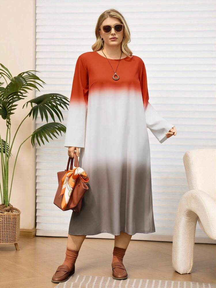 Plus Size Women Fall/Winter Vacation Street Fashion Casual Long Sleeve Round Neck Colorblock Ombre Long Dress With Pockets, Autumn/Winter,Going Out Outfits,2025 New Clothes,Simple And Fashionable For Everyday Wear,Christmas Outfit For Women ,New Year Clothes,Plus Size Winter Clothes, Christmas Outfit For Women ,New Year Clothes,Thanksgiving Outfit For Women ,New Year Dress,Flowy Dress,