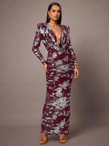 Silquee Đầm đen in họa tiết vàng sang trọng, cổ cao, bèo nhún, kiểu dáng thanh lịch, thích hợp cho mùa thu/đông, dự tiệc, phù hợp cho ngày Valentine, tiệc cocktail và các dịp trang trọng lãng mạn. - Màu Đỏ Sâu - Xem 4