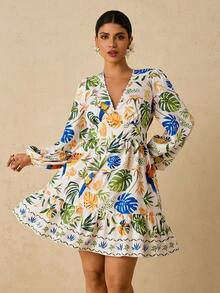 SHEIN VCAY Váy du lịch tay đèn lồng họa tiết nhiệt đới cỡ lớn - Nhiều màu - Xem 3